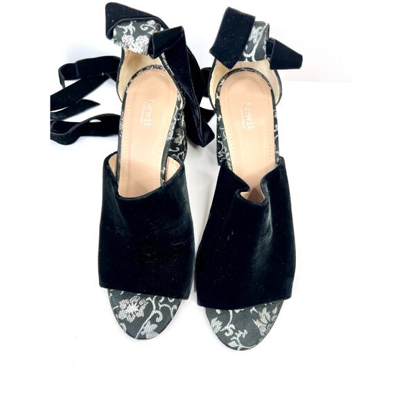 LEWIT Women's Size 9 Black Floral Velvet Tie Wrap Open Toe Block Heels Shoes - Picture 7 of 14